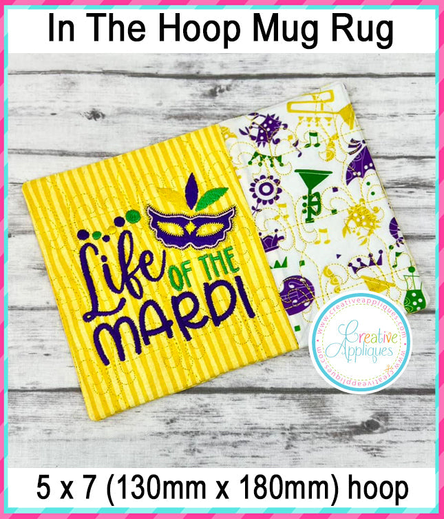 Life of the Mardi Mug Rug included in the Creative Appliques Mug Rug In-the-Hoop Embroidery Set