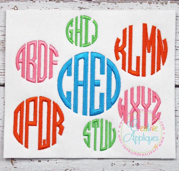Natural Circle 4 Letter Monogram Embroidery Alphabet Font included in the Creative Appliques Monogram Alphabet Embroidery Font Set