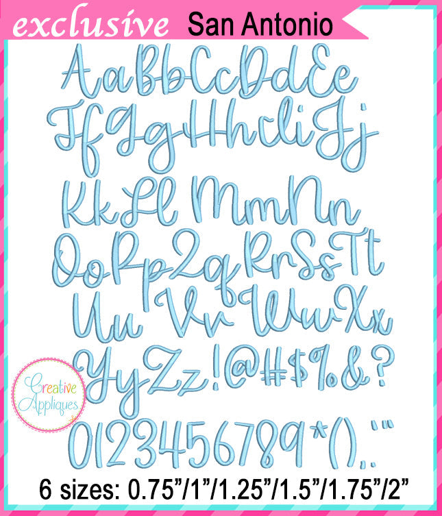 San Antonio Embroidery Font included in the Creative Appliques Embroidery Font Bundle