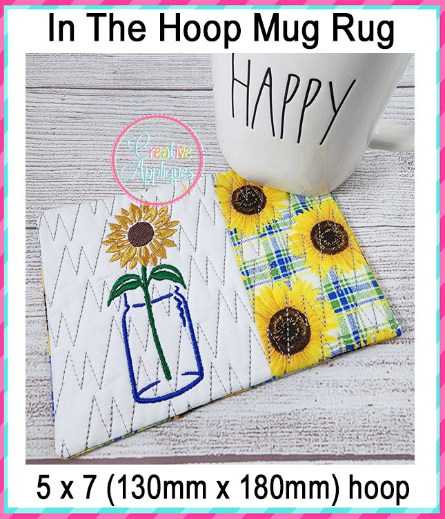 Sunflower Mason Jar Mug Rug included in the Creative Appliques Mug Rug In-the-Hoop Embroidery Set