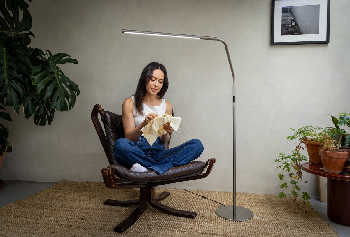 Daylight Slimline 4 brushed steel floor lamp providing bright, accurate LED lighting for hand sewing and needlework, ideal for crafting and precision tasks.