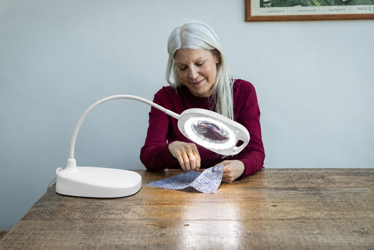 Daylight 5" LED Magnifier Lamp in white used for sewing and detailed craft work