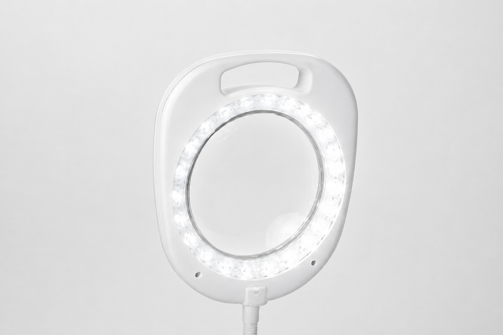 Close-up of the illuminated 5-inch magnifying lens on the white Daylight UN1080 lamp
