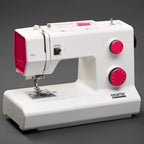 White sewing machine with pink accents on a gray background