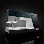Sewing machine with digital display on a black background