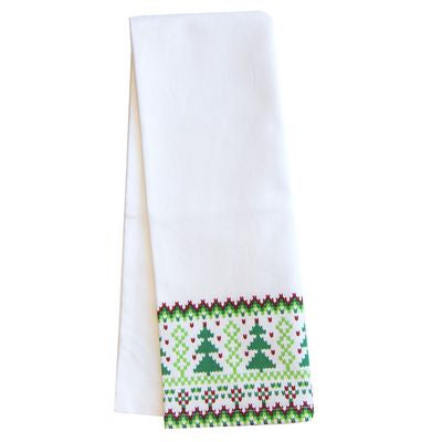White Tea Towels with Green Nordic Christmas Tree Border — package of 6
