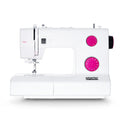 White sewing machine with pink accents on a white background