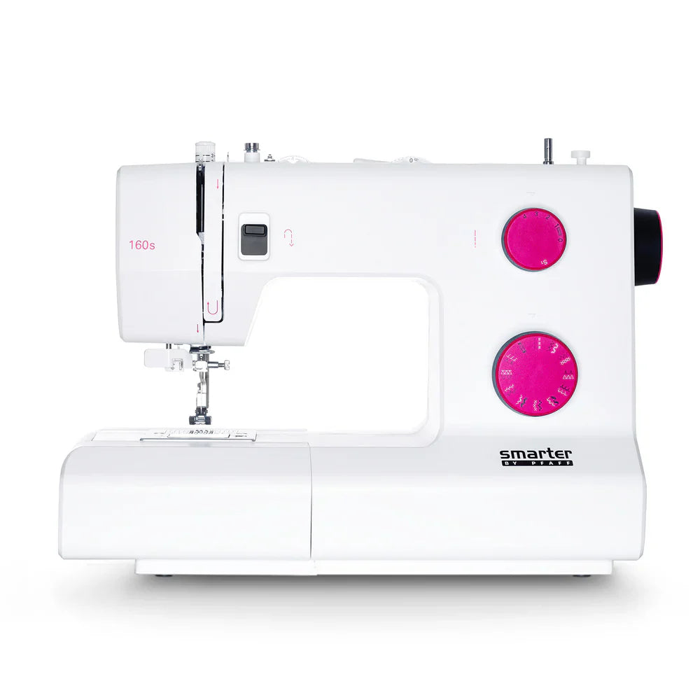 White sewing machine with pink accents on a white background