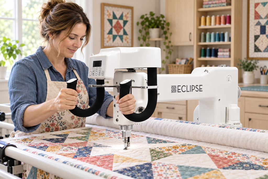 Eclipse EQ20 long arm quilting machine quilting a patchwork quilt in a home studio