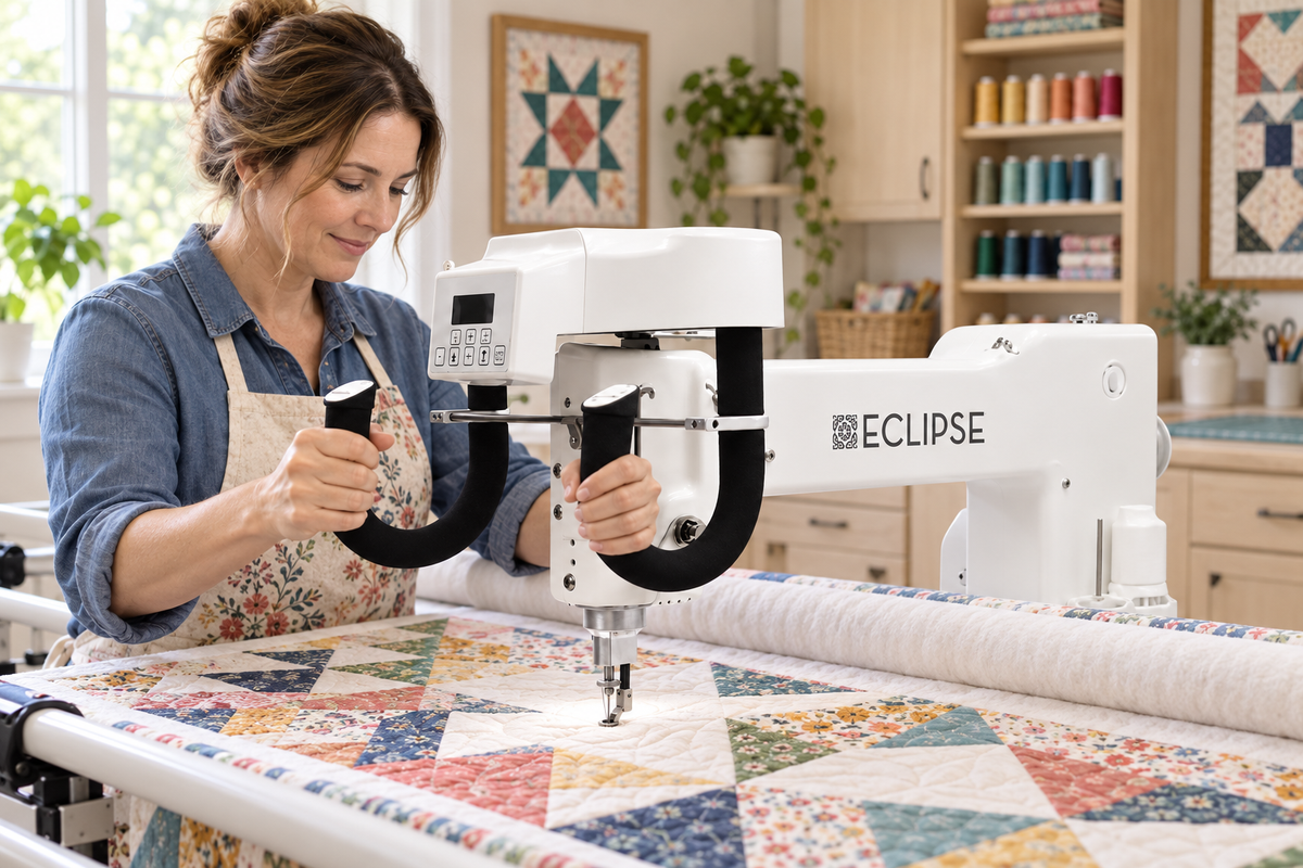 Eclipse EQ20 long arm quilting machine quilting a patchwork quilt in a home studio