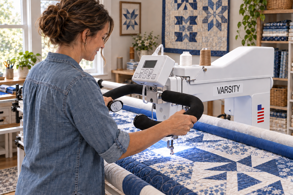 Eclipse VARSITY 16 long arm quilting machine in a home quilting studio