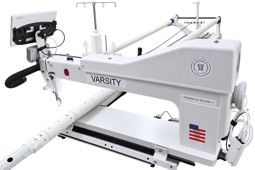 Eclipse VARSITY 26 long arm quilting machine on its quilting frame