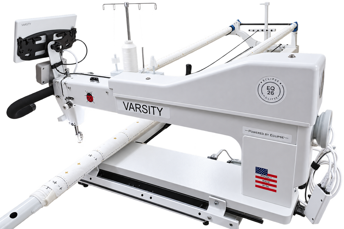 Eclipse VARSITY 26 long arm quilting machine on its quilting frame