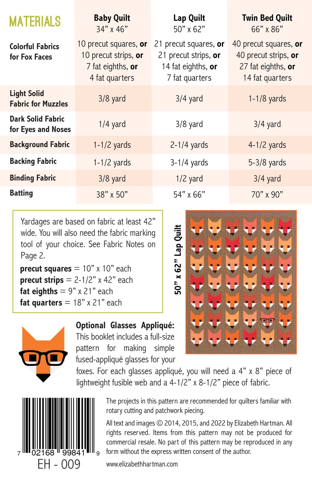 Fancy Fox EH009 quilt sizes and fabric requirements