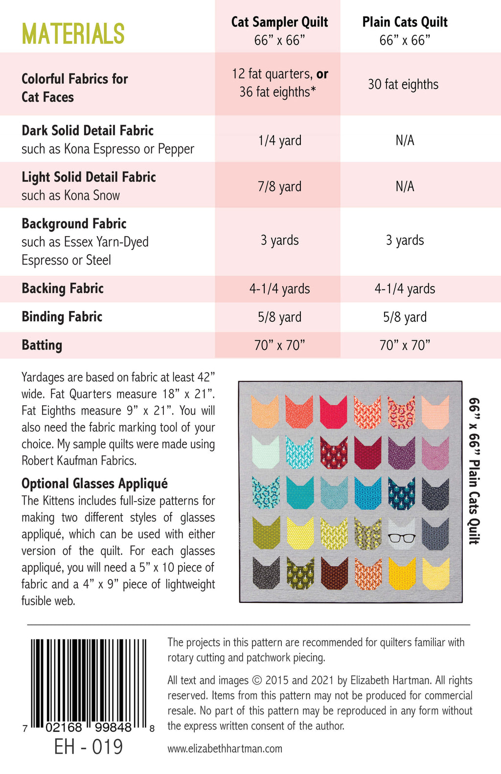 The Kittens EH019 quilt sizes and fabric requirements