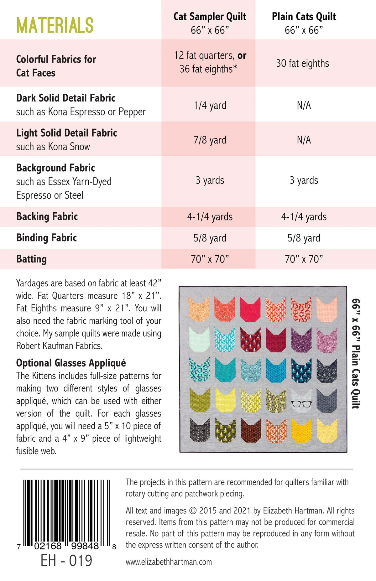 The Kittens EH019 quilt sizes and fabric requirements