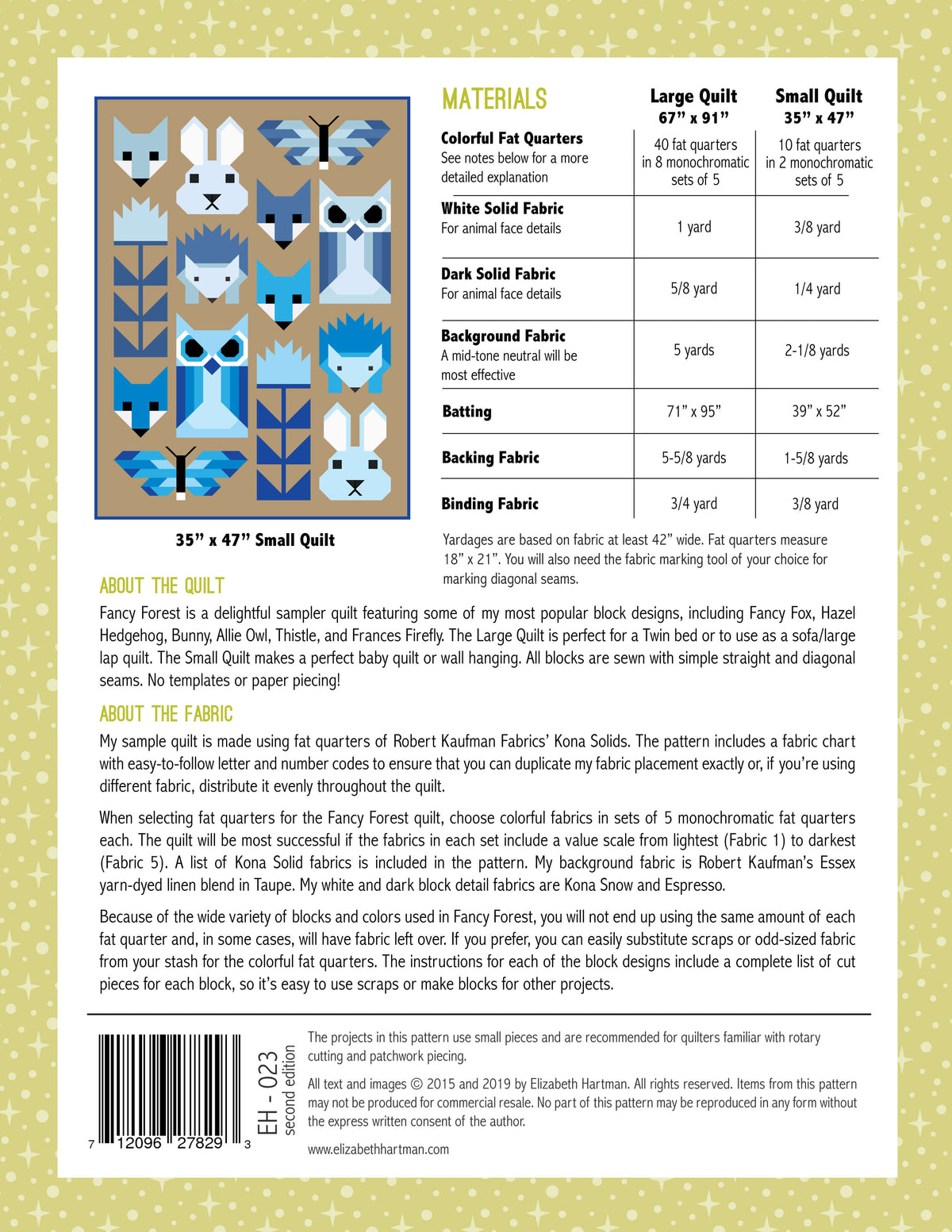 Fancy Forest EH023 quilt sizes and fabric requirements
