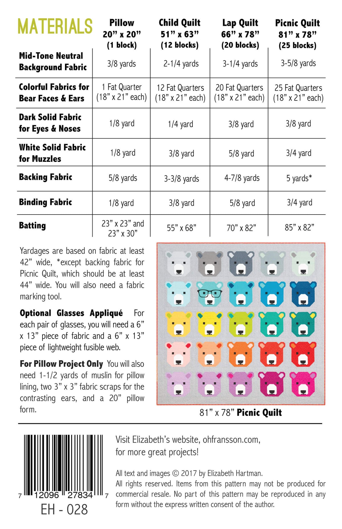 Bjorn Bear EH028 quilt sizes and fabric requirements