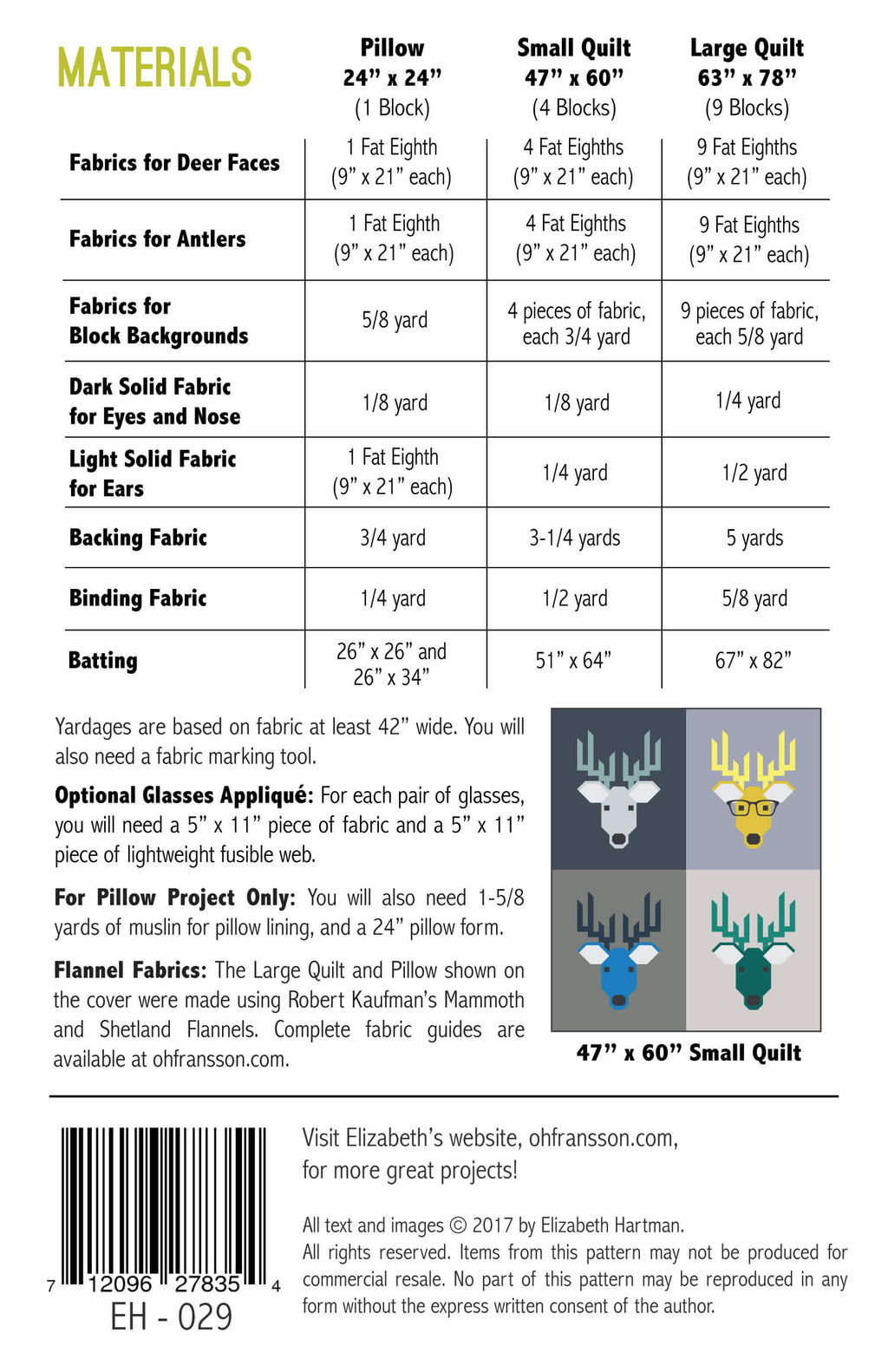 Dwight the Deer EH029 quilt sizes and fabric requirements