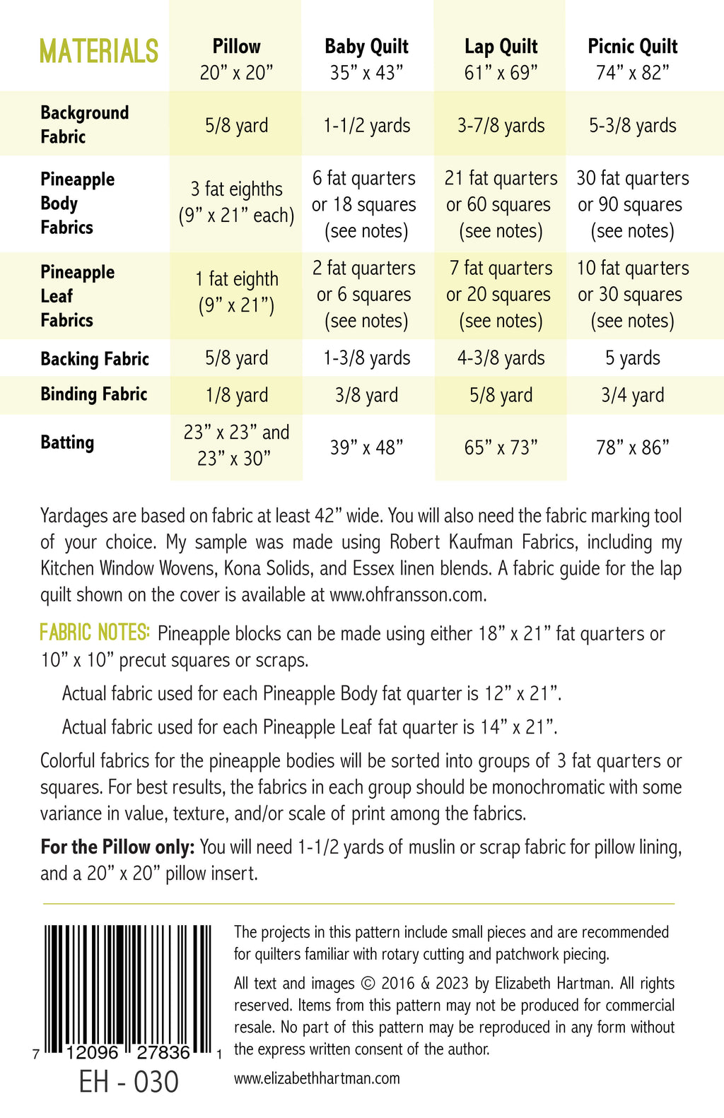 Pineapple Farm EH030 quilt sizes and fabric requirements