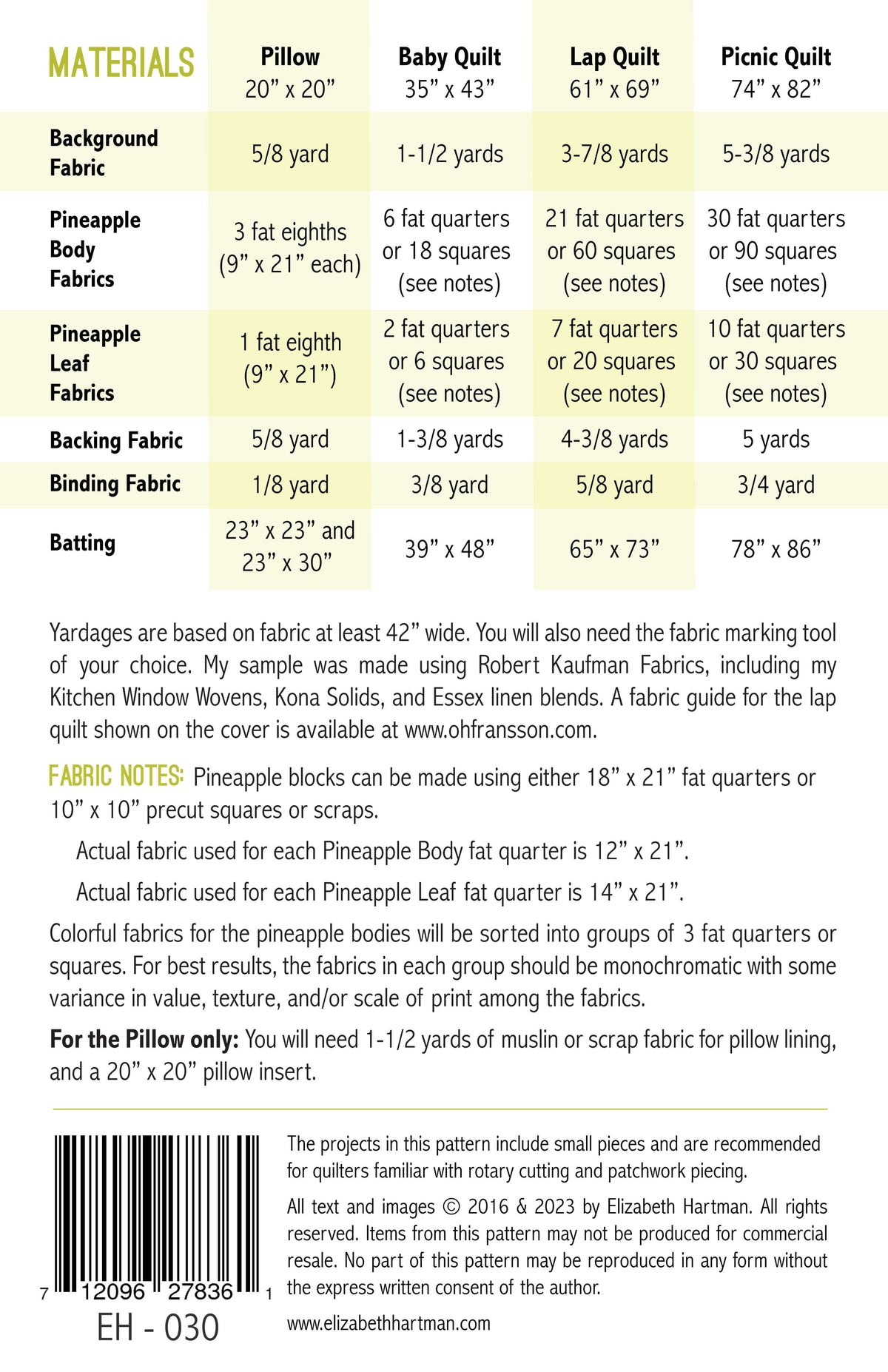 Pineapple Farm EH030 quilt sizes and fabric requirements