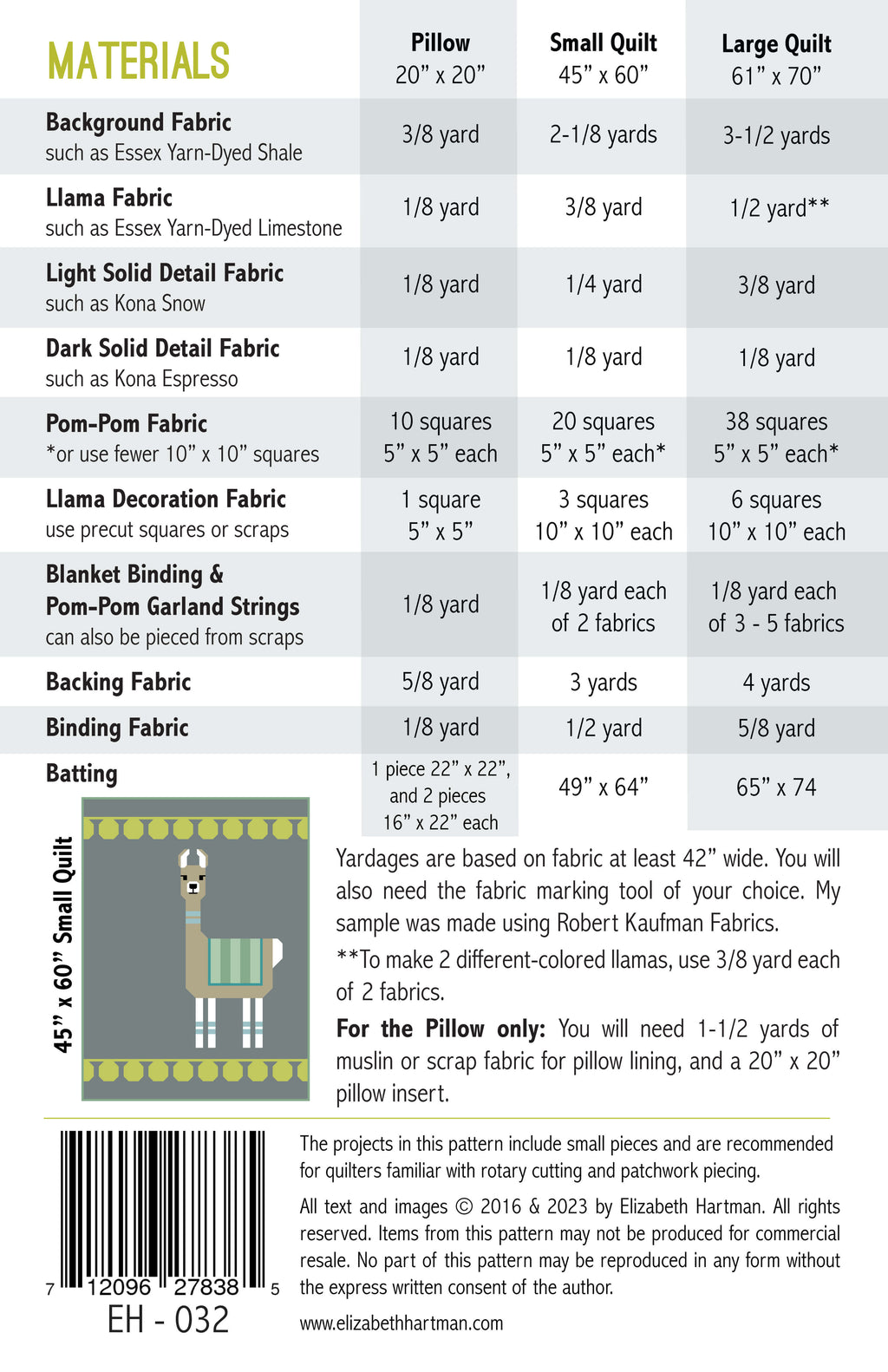 Lloyd & Lola EH032 quilt sizes and fabric requirements