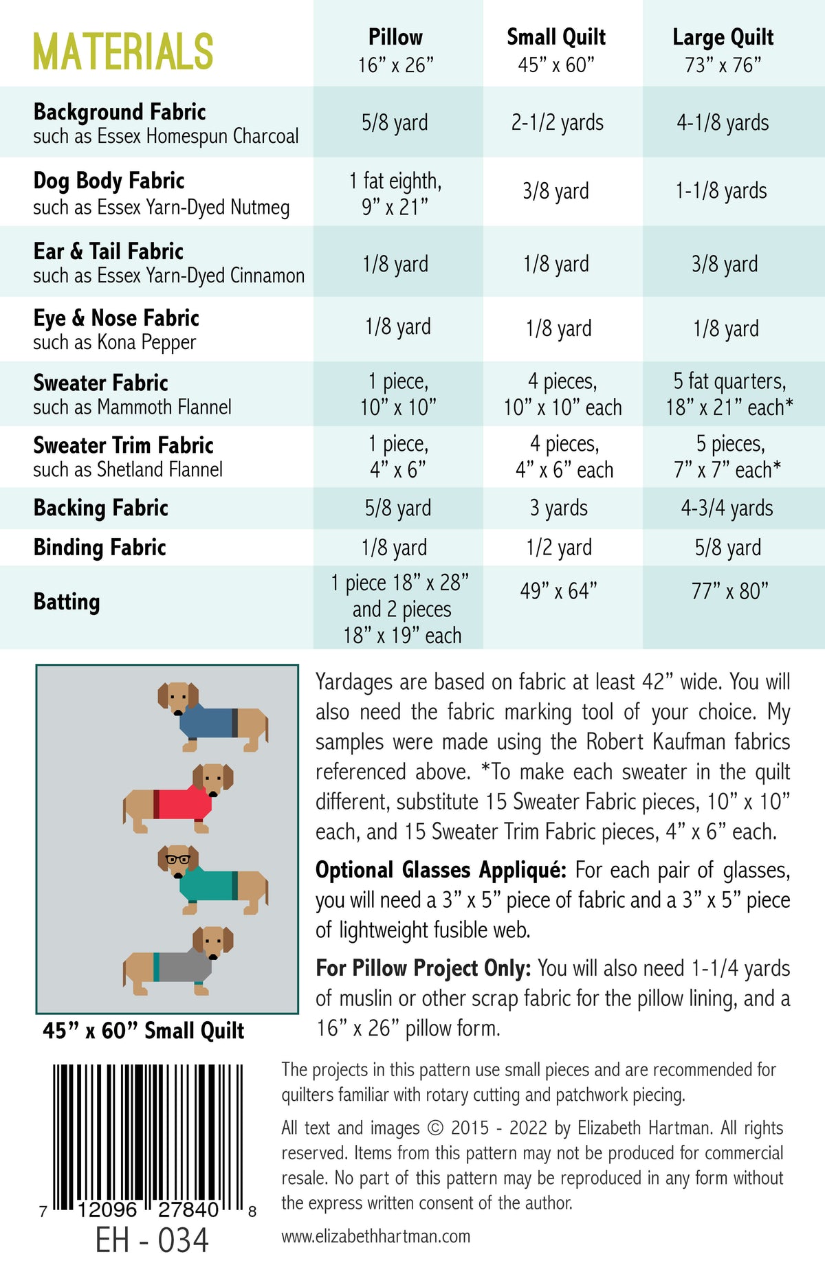 Dogs in Sweaters EH034 quilt sizes and fabric requirements