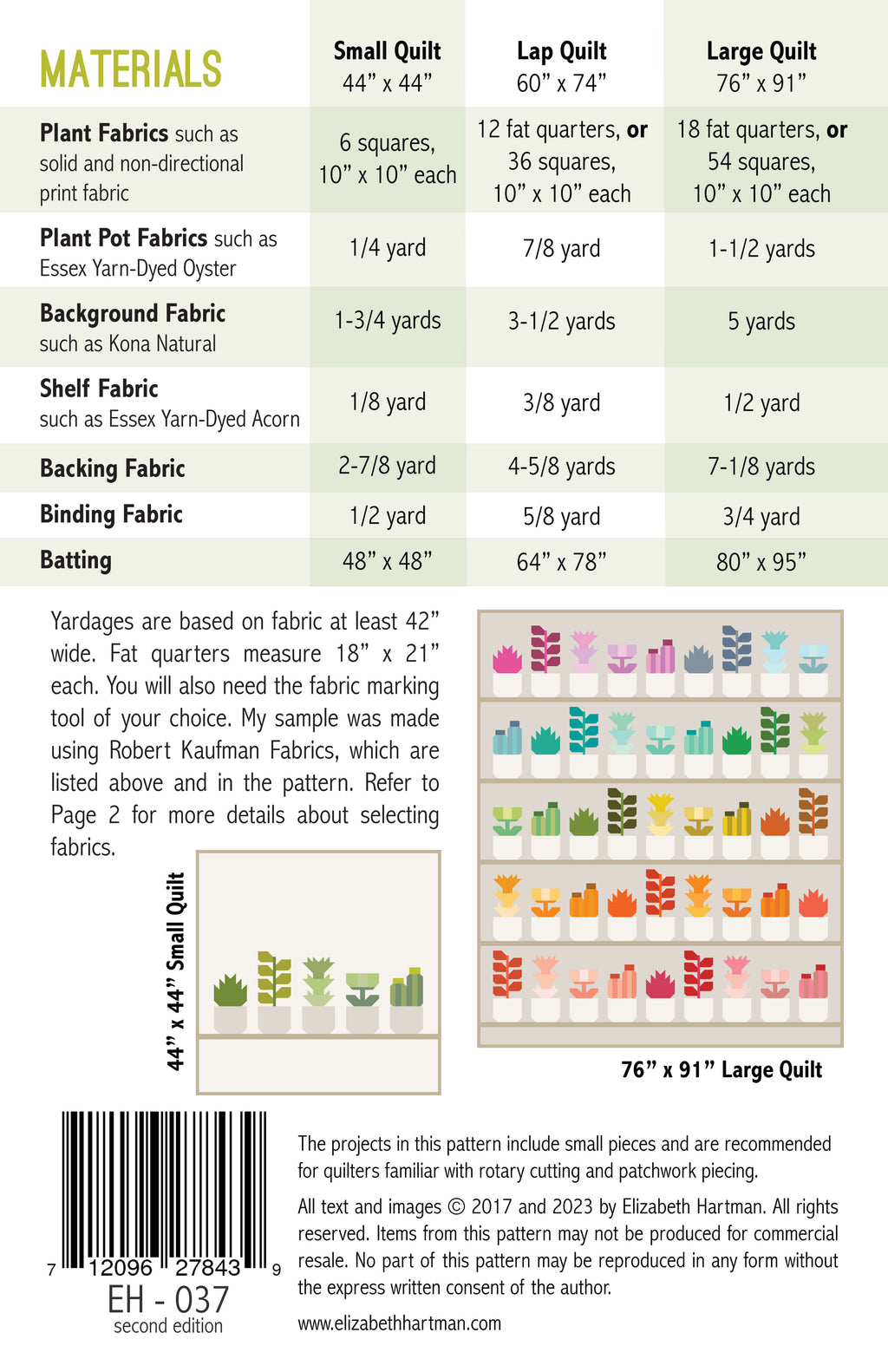Greenhouse EH037 quilt sizes and fabric requirements