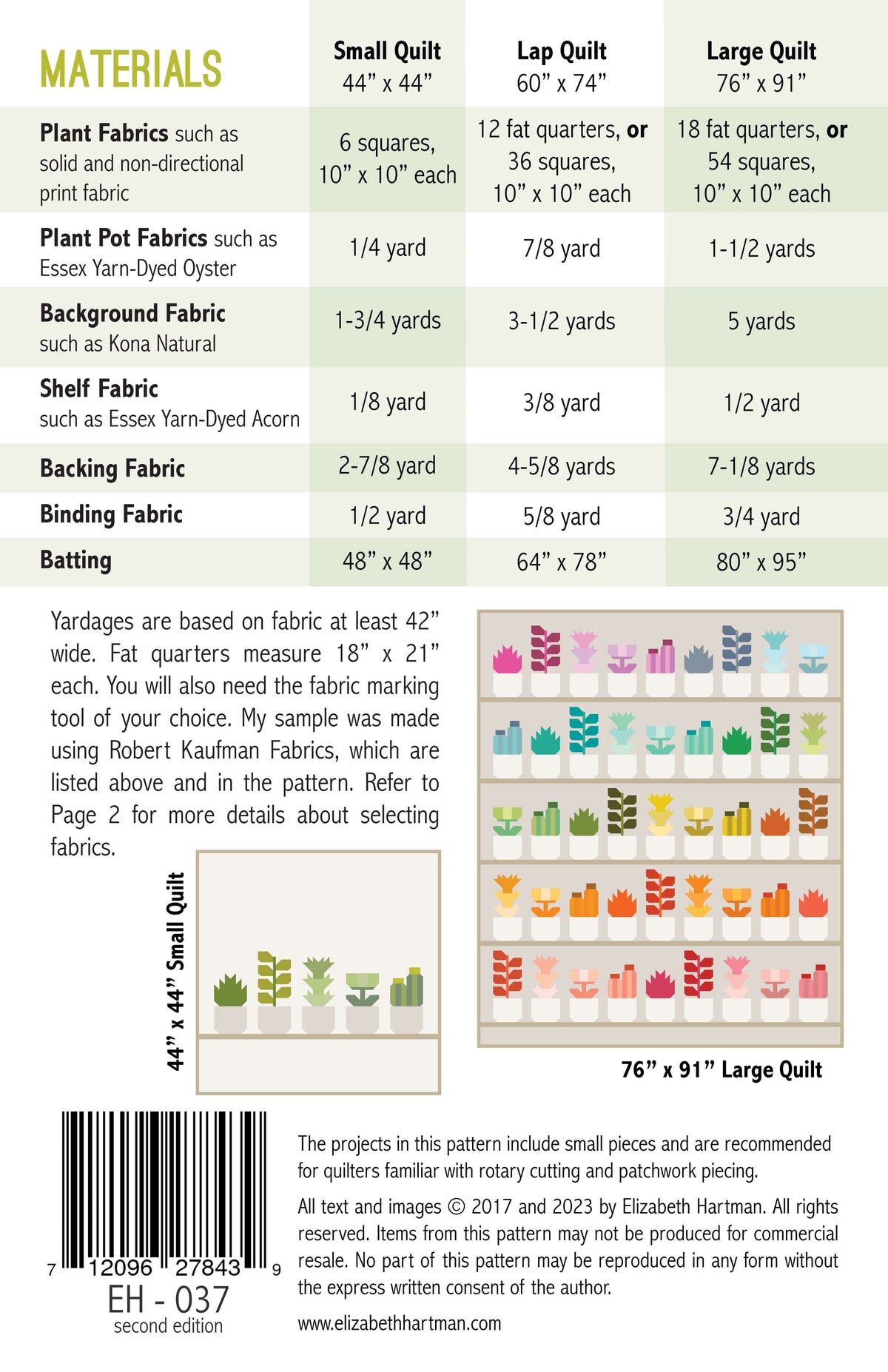 Greenhouse EH037 quilt sizes and fabric requirements