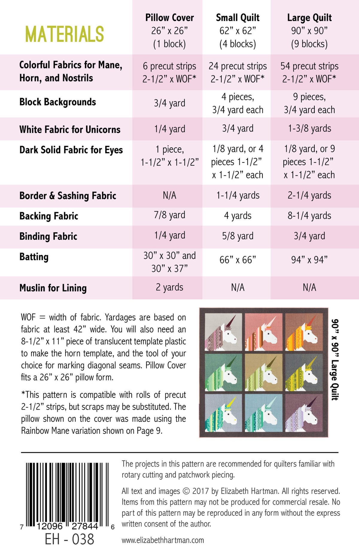 Lisa the Unicorn EH038 quilt sizes and fabric requirements