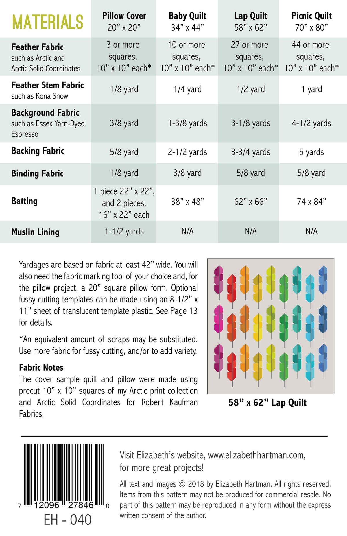 Arctic Feathers EH040 quilt sizes and fabric requirements