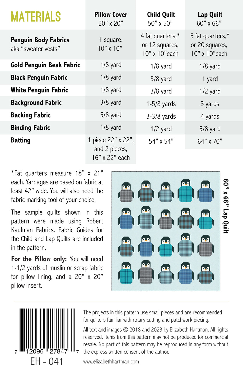 Penguin Party EH041 quilt sizes and fabric requirements