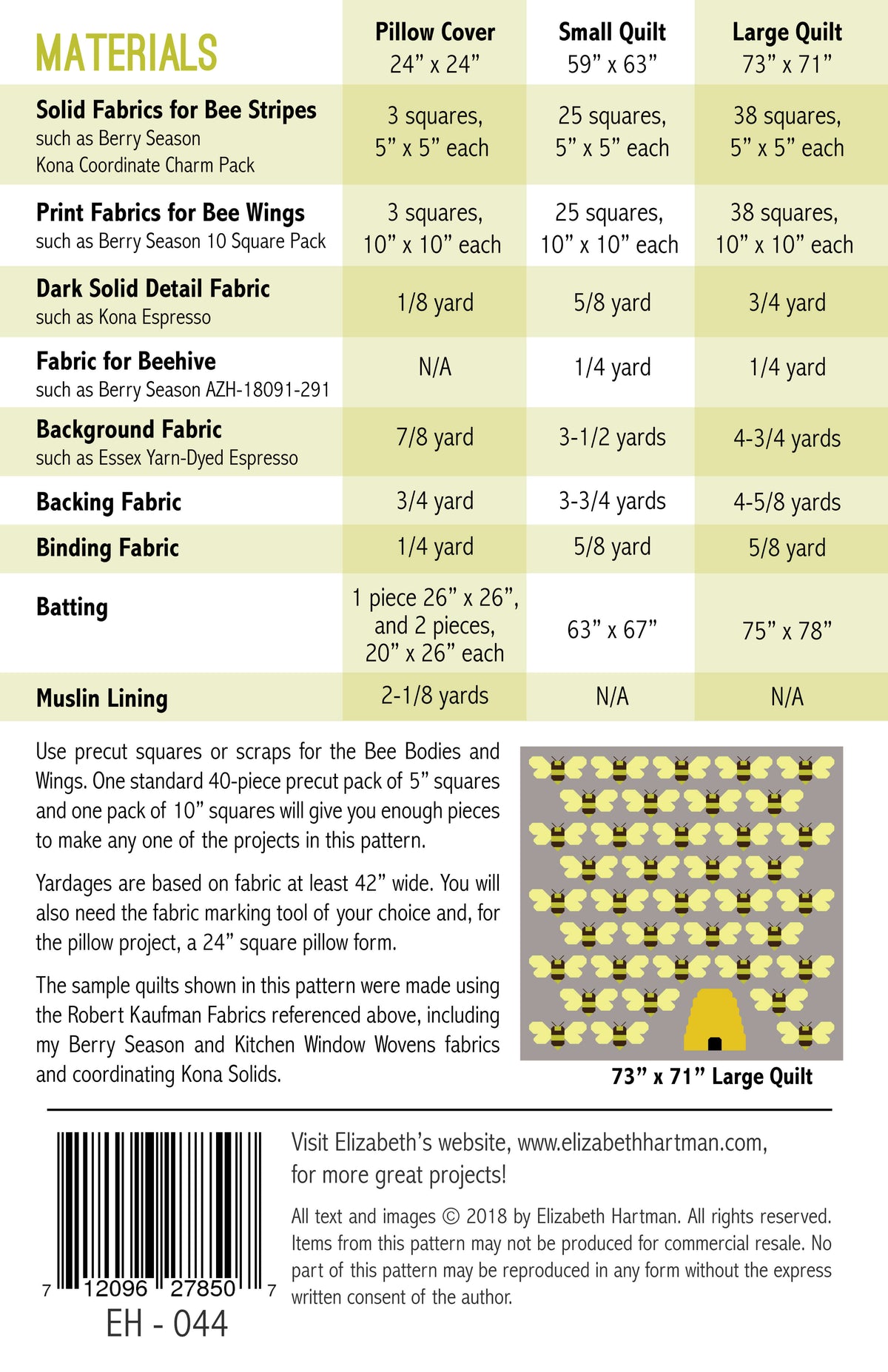 Beehive EH044 quilt sizes and fabric requirements