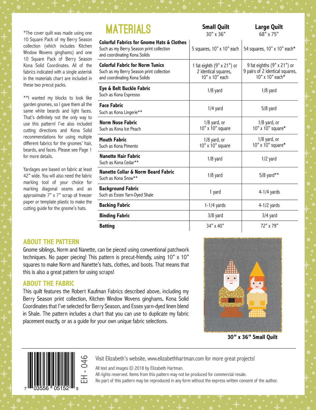 Norm & Nanette EH046 quilt sizes and fabric requirements