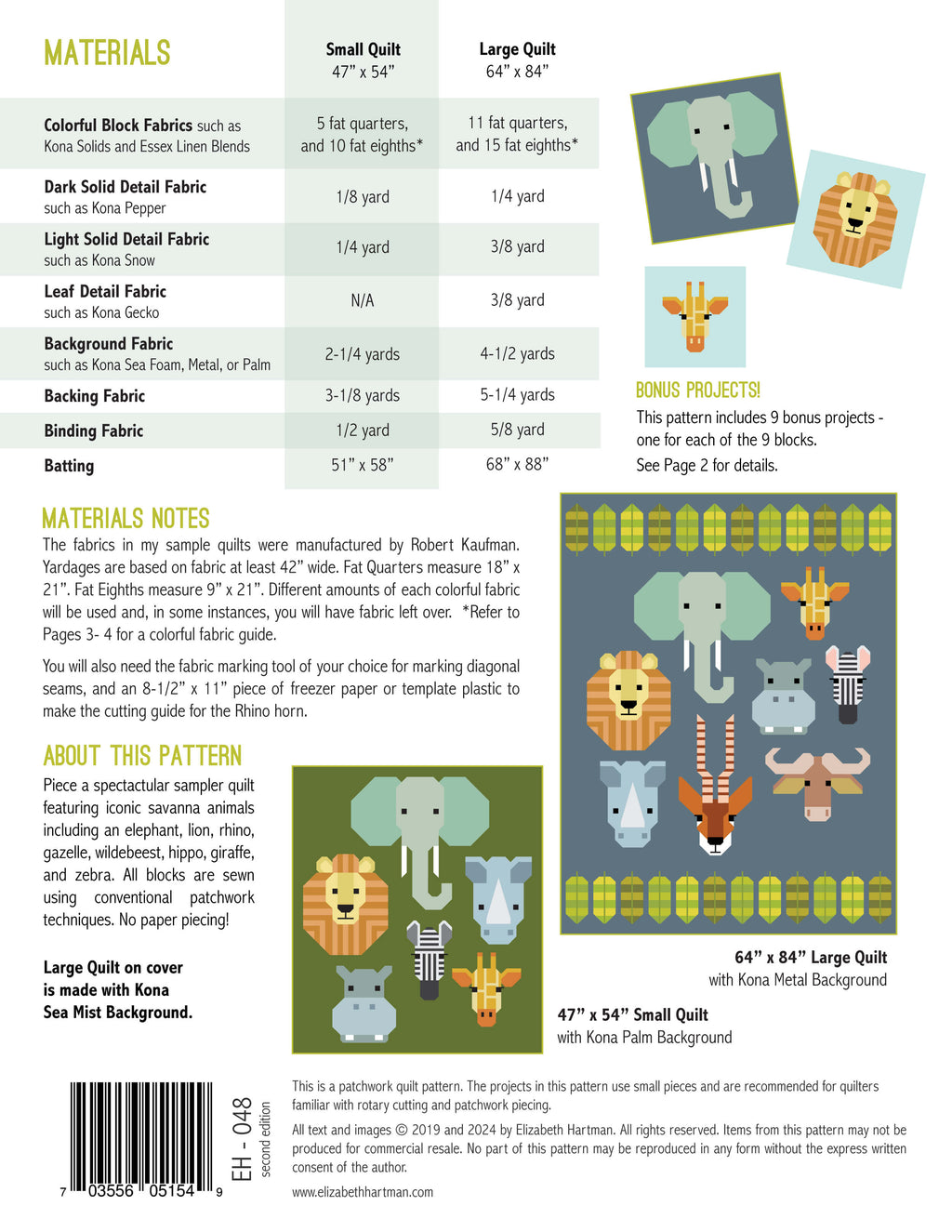Spectacular Savanna EH048 quilt sizes and fabric requirements