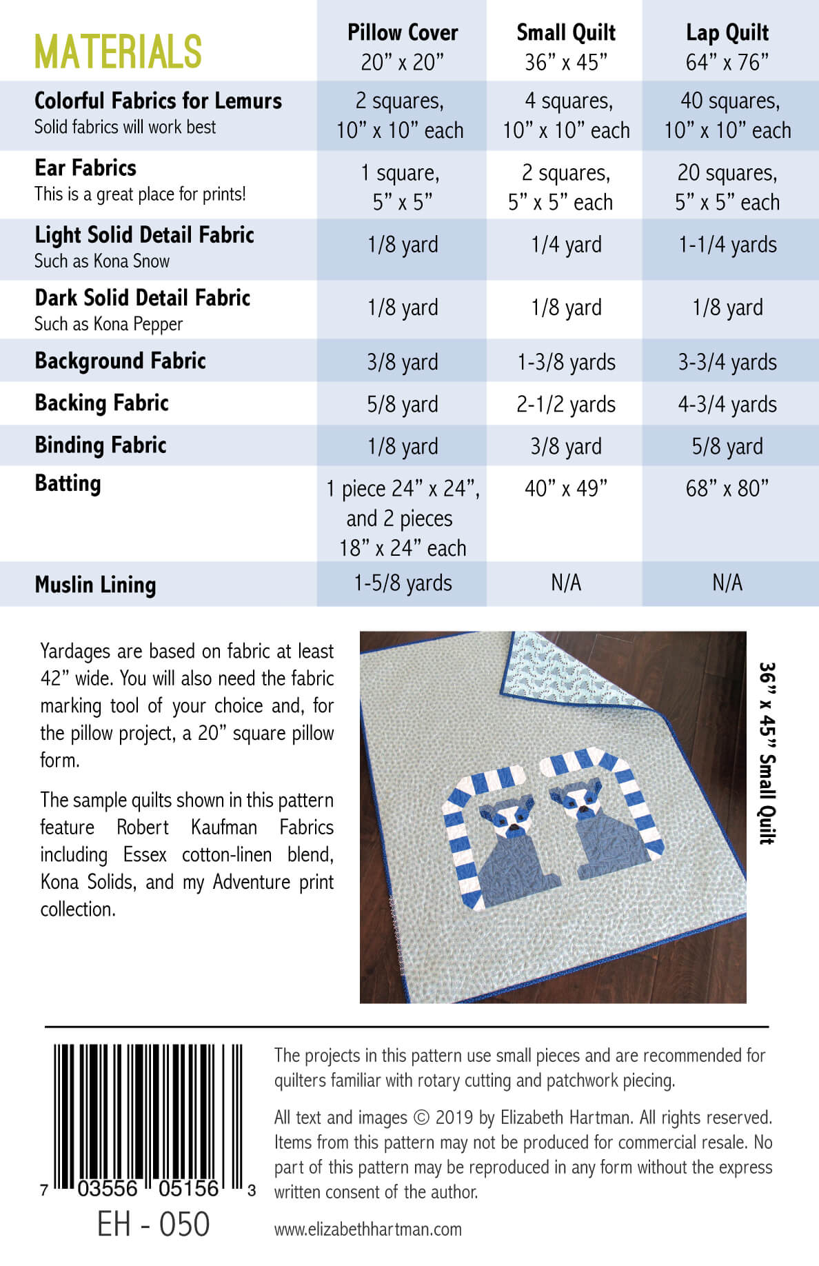 Lana Lemur EH050 quilt sizes and fabric requirements