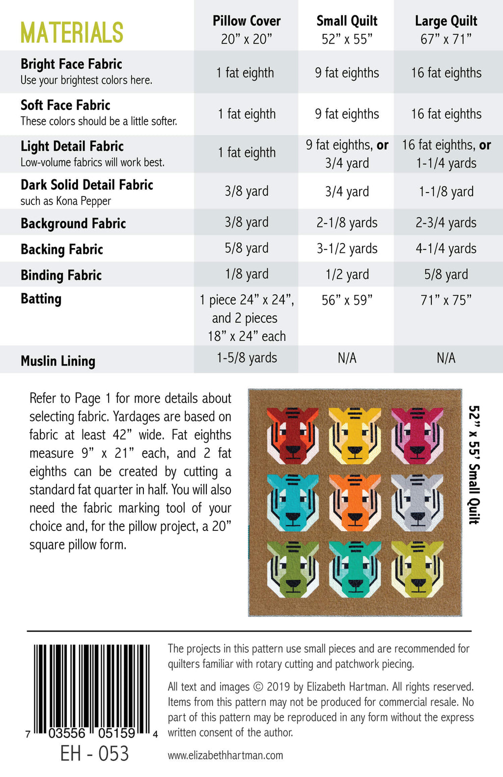 Antonia Tiger EH053 quilt sizes and fabric requirements