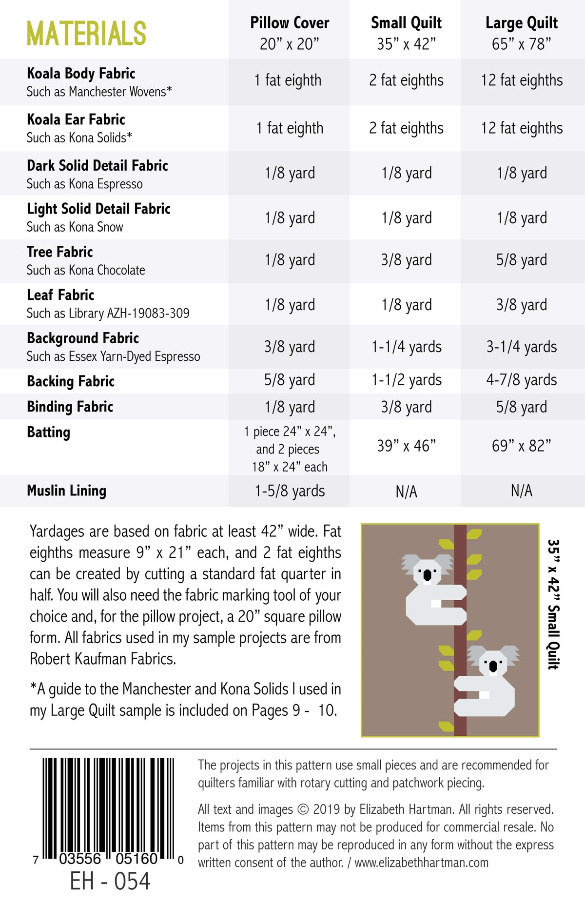 Koalas EH054 quilt sizes and fabric requirements