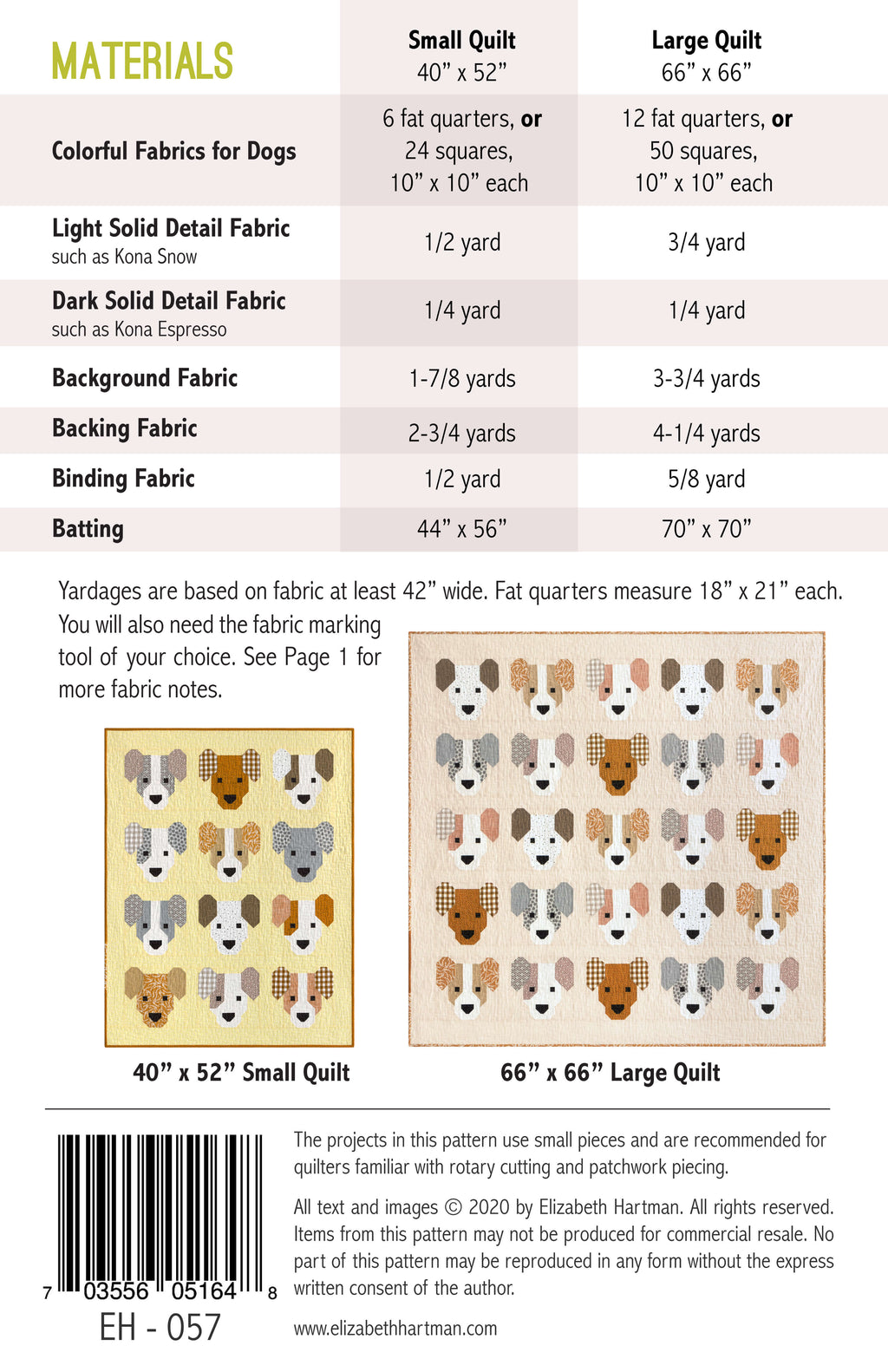 The Puppies EH057 quilt sizes and fabric requirements
