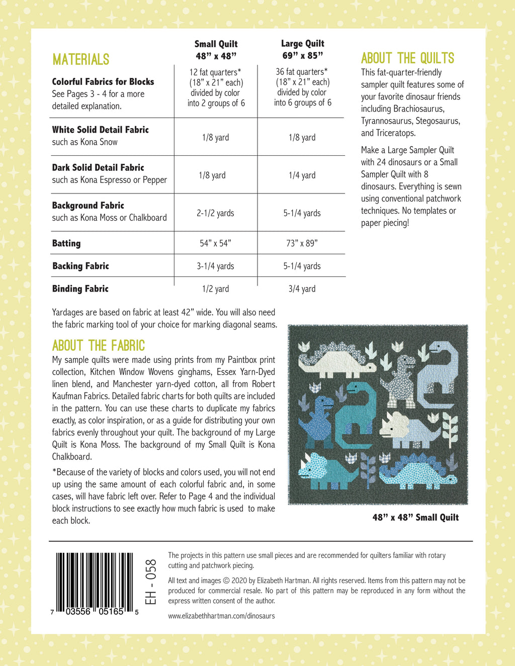 Dinosaurs EH058 quilt sizes and fabric requirements
