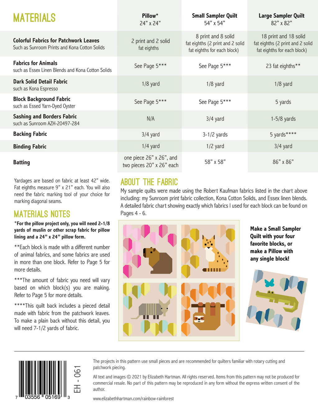 Rainbow Rainforest EH061 quilt sizes and fabric requirements