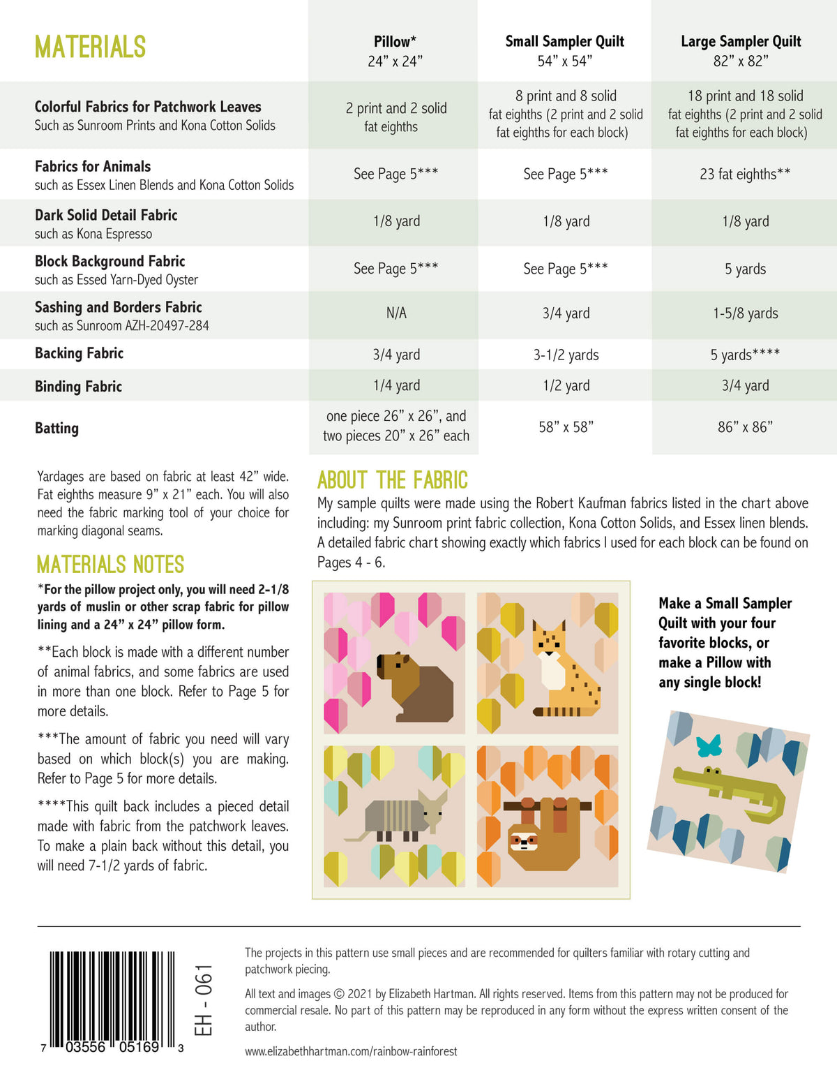 Rainbow Rainforest EH061 quilt sizes and fabric requirements