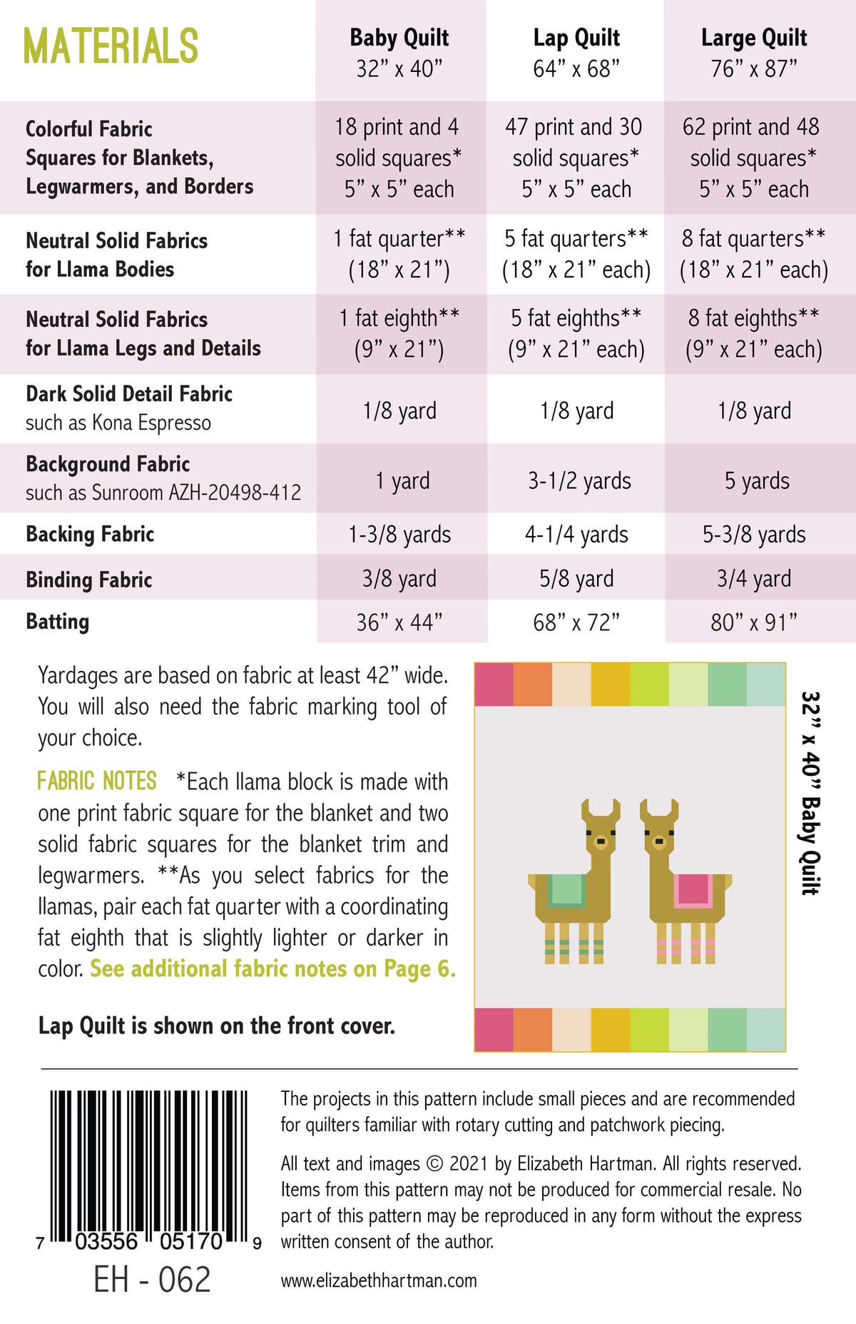 Little Llamas EH062 quilt sizes and fabric requirements