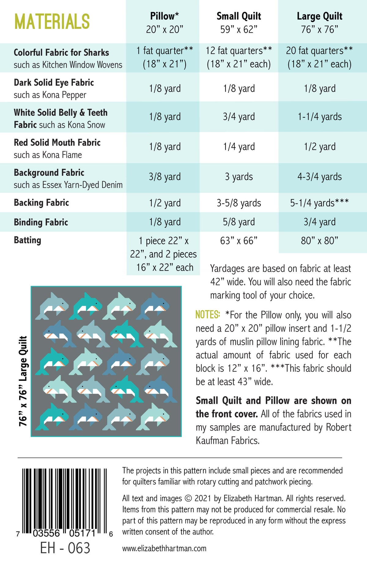 Social Sharks EH063 quilt sizes and fabric requirements
