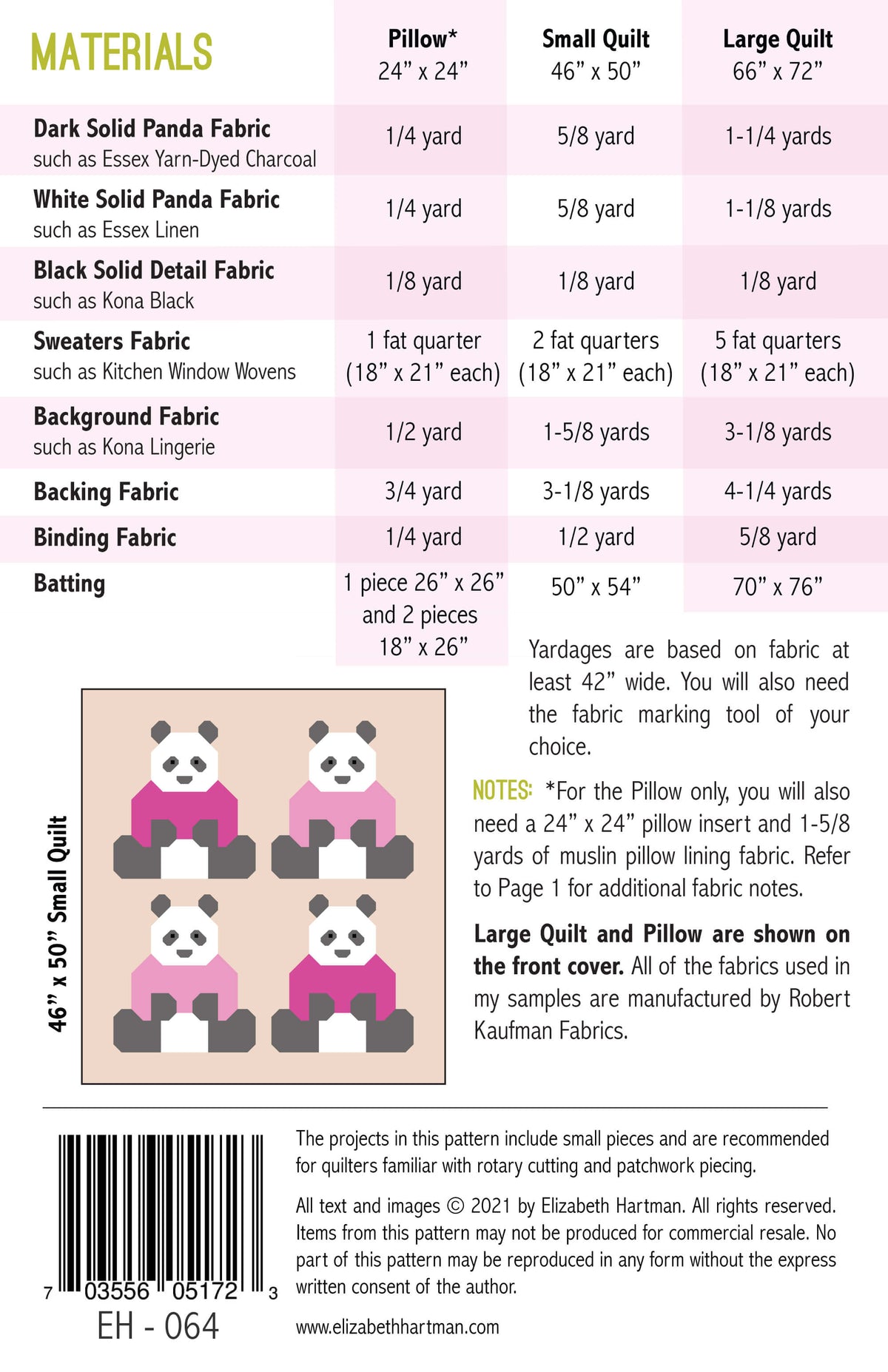 Pandas in Sweaters EH064 quilt sizes and fabric requirements
