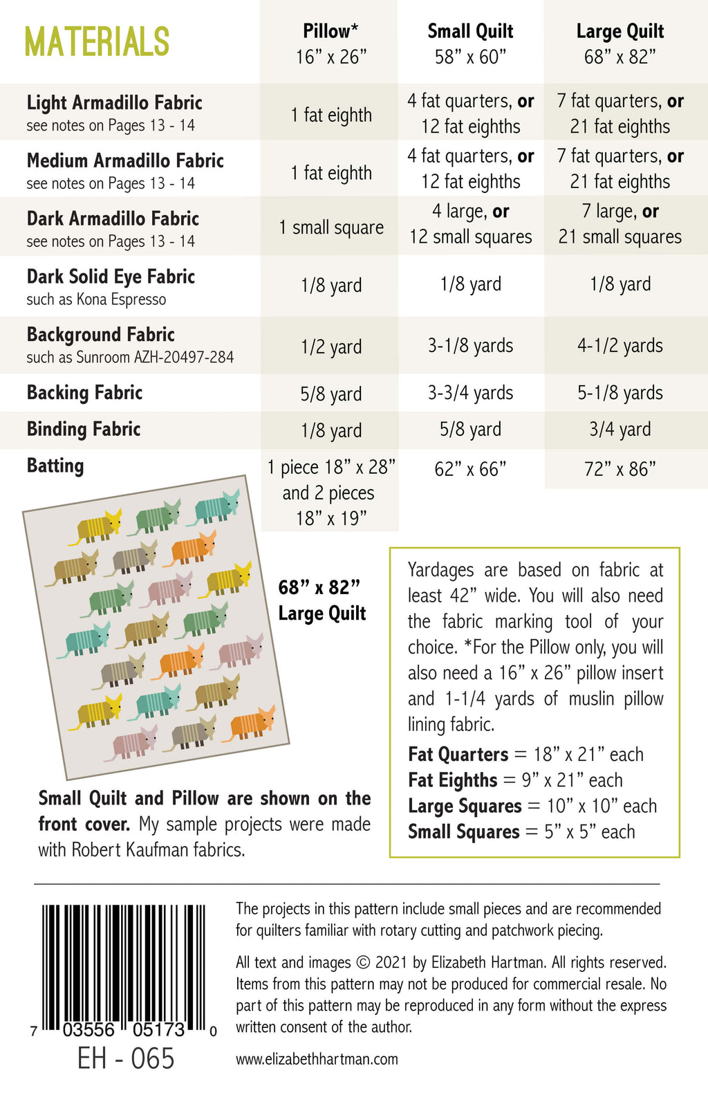 Armadillos EH065 quilt sizes and fabric requirements