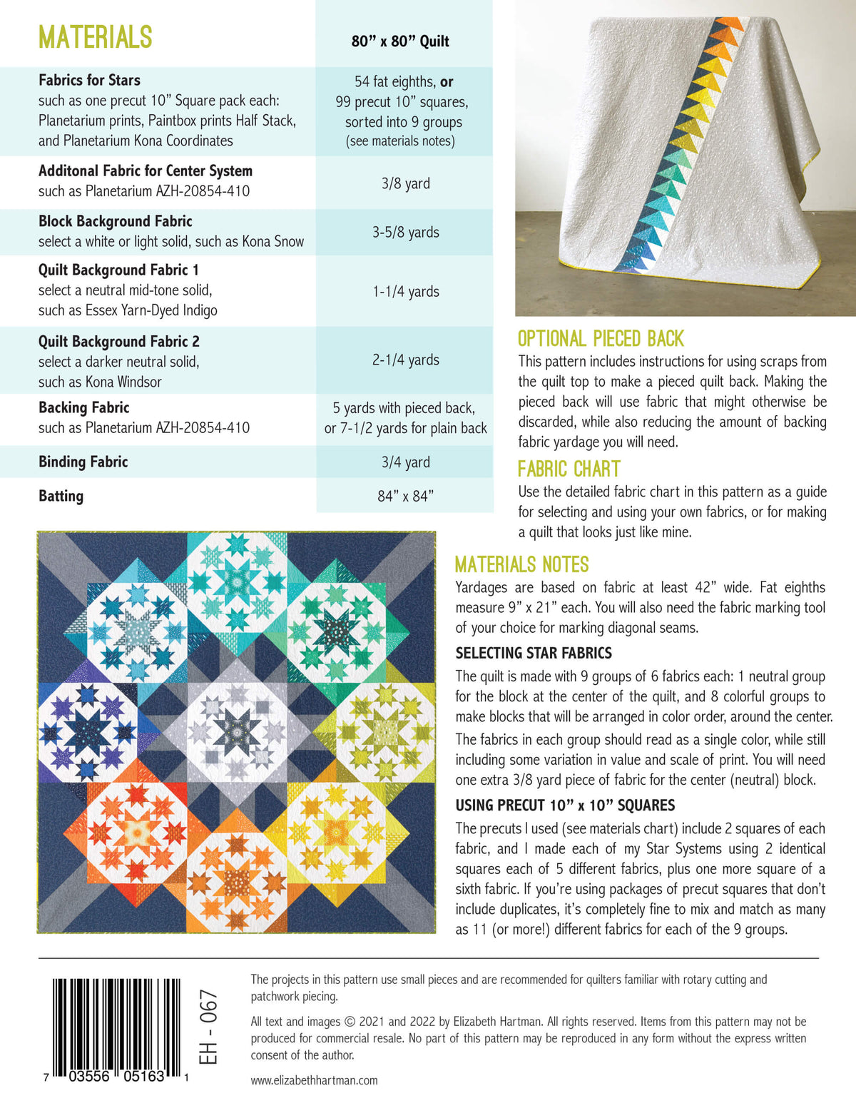 Star Systems EH067 quilt sizes and fabric requirements
