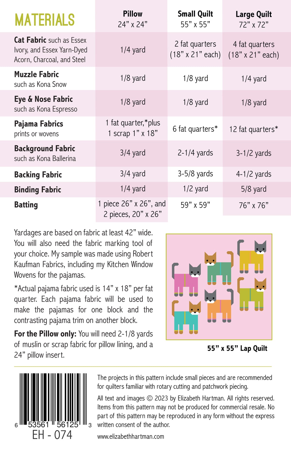 Cats in Pajamas EH074 quilt sizes and fabric requirements