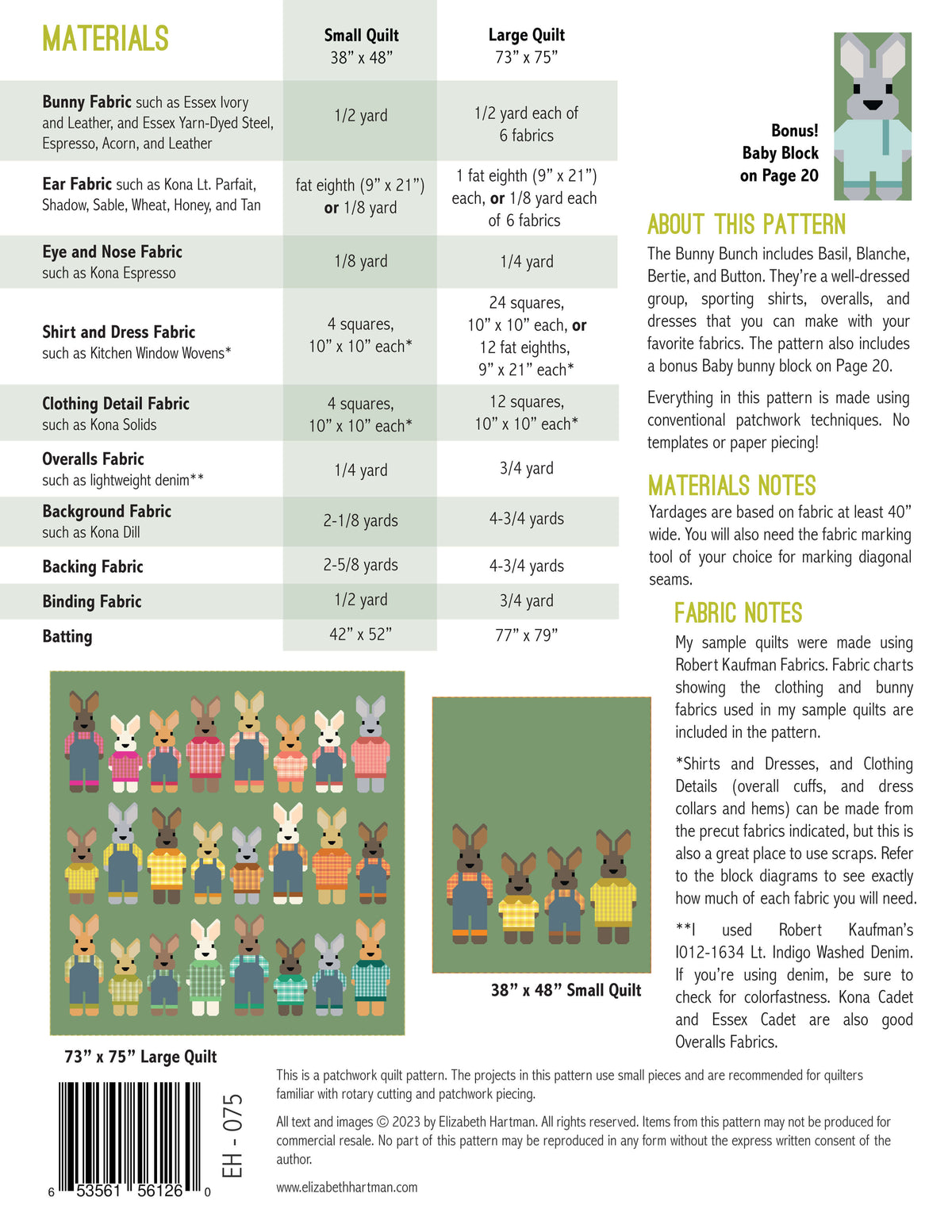 The Bunny Bunch EH075 quilt sizes and fabric requirements
