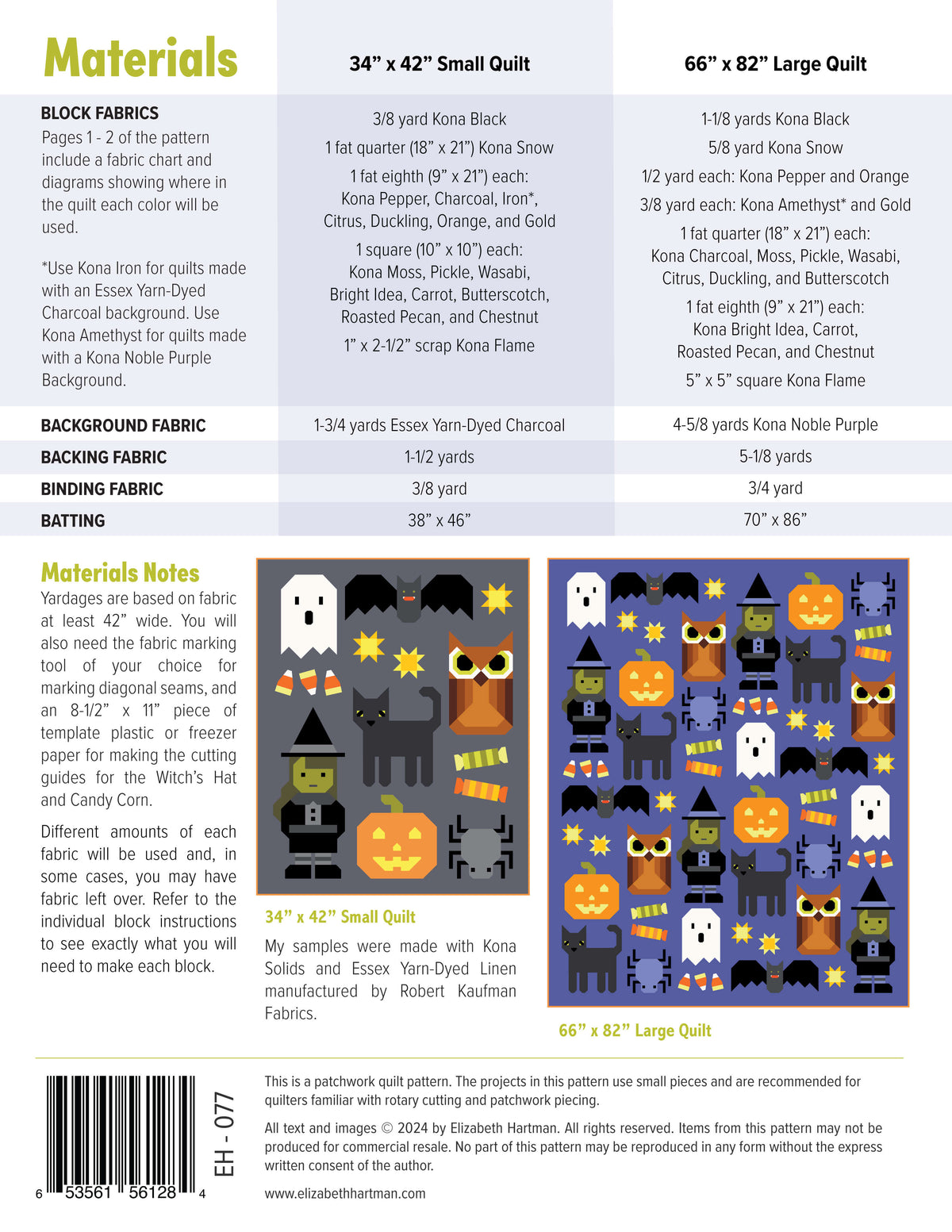Happy Halloween EH077 quilt sizes and fabric requirements